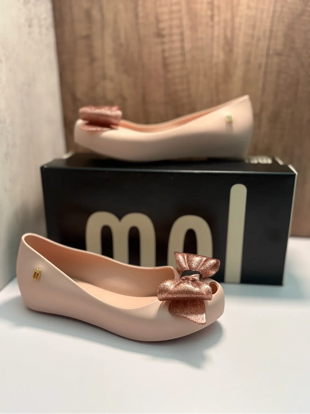 Mini Melissa Blush Pink Girls' Flats with Metallic Rose Bow